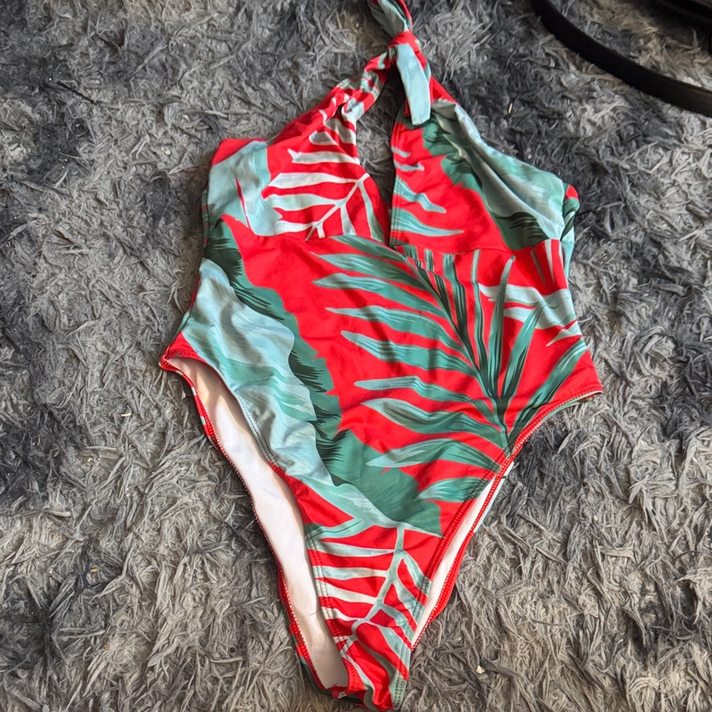 SHEIN Red and Green Tropical One Piece Swimsuit